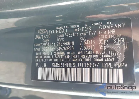 2020 Hyundai Palisade Se z USA, uszkodzony, nr VIN KM8R14HE6LU118607